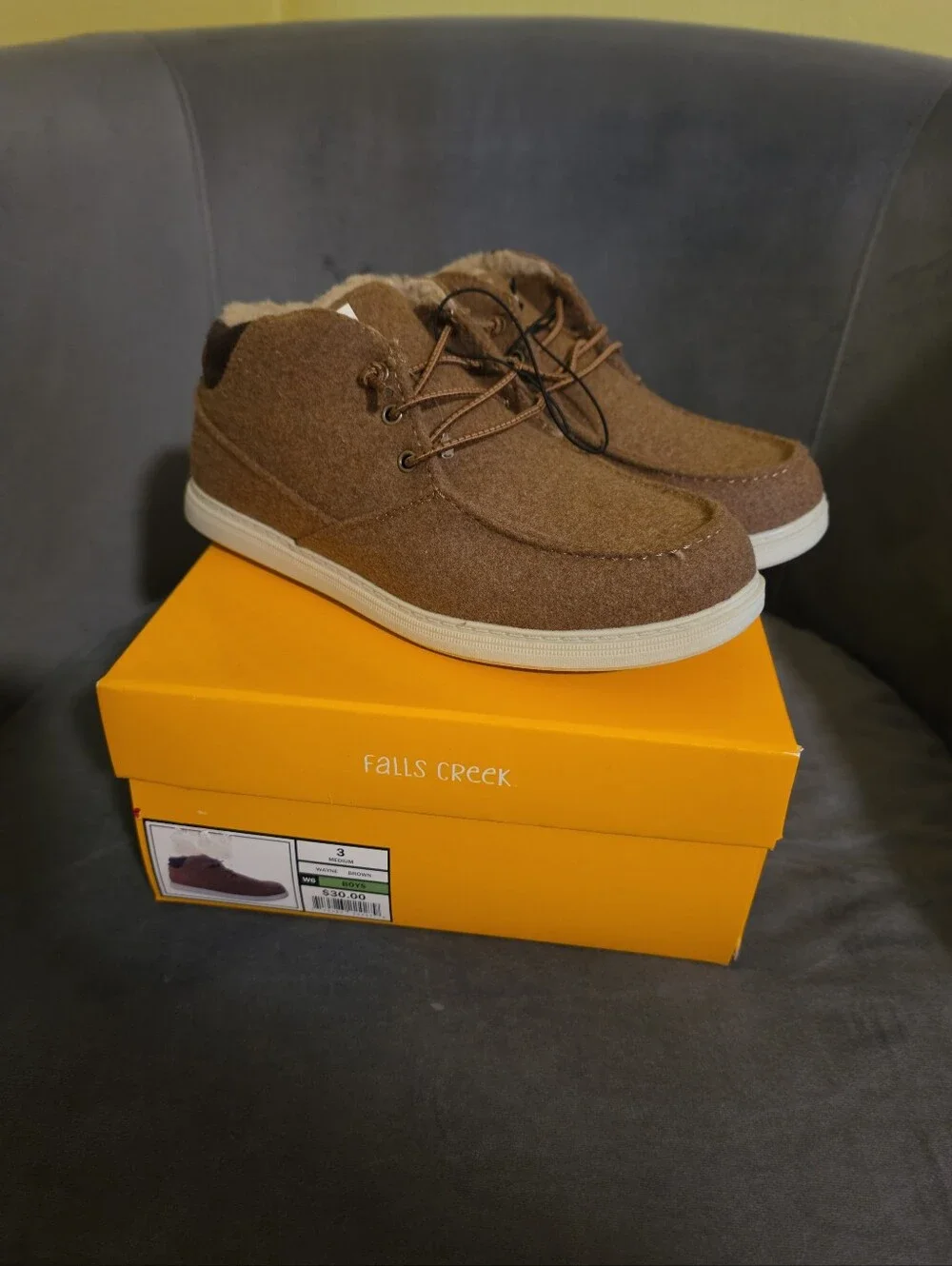 NIB Falls Creek Boys Size 3 Wayne Brown Faux Wool Lined Easy On Boots